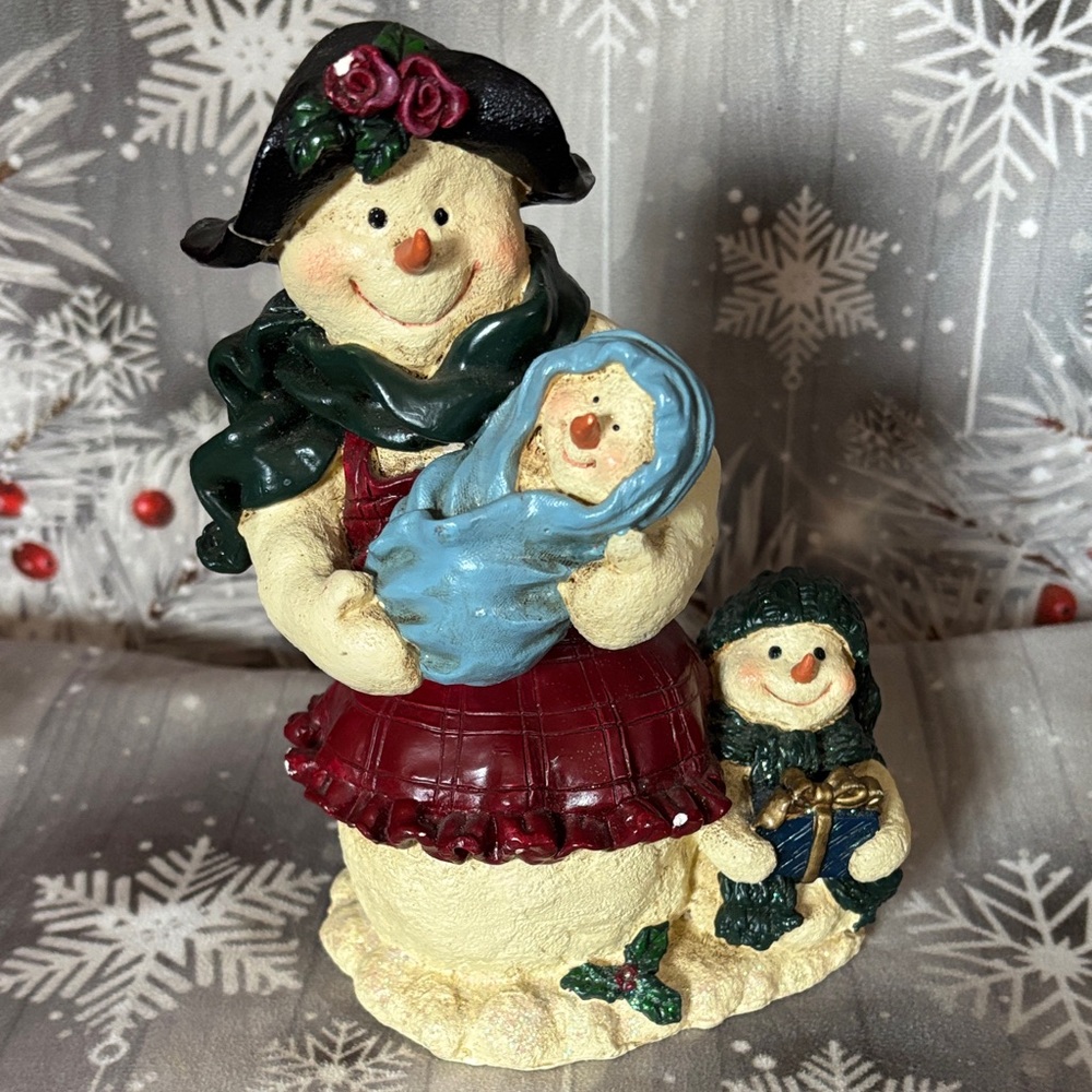 Vintage Festive musical Snowman Family Figurine with Red and Green Accents!